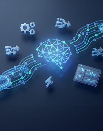 AI and automation service illustration showing neural network brain connected to workflow automation chains, data pipelines, and marketing analytics dashboard