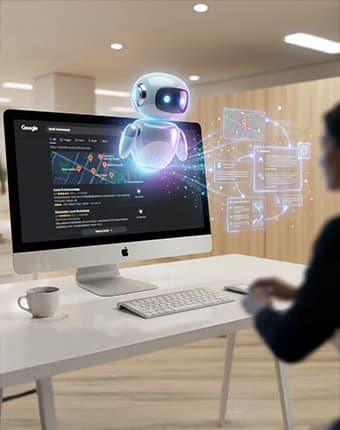 AI search optimisation illustration showing a desk with a large monitor displaying a holographic robot assistant providing AI-generated answers to search queries
