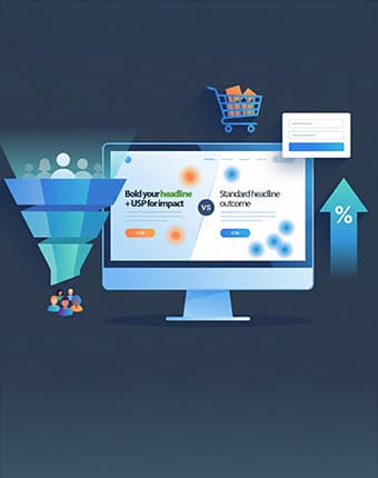 Conversion rate optimisation service illustration showing A/B split testing, conversion funnel, heatmap analysis, and checkout flow improvements