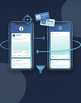 Facebook and Instagram advertising service illustration showing two smartphones with ad feeds, audience targeting, A/B creative testing, and conversion funnel